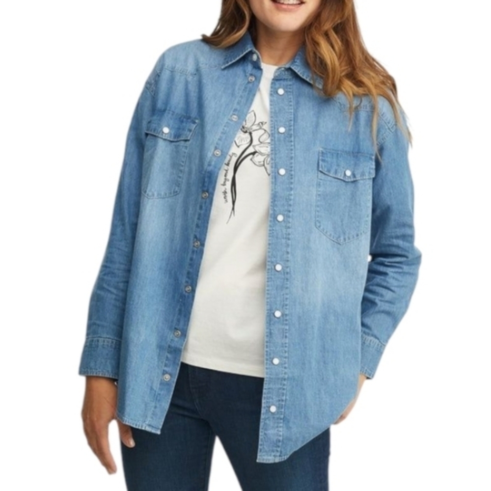 ABLE April Oversized Western Chambray Shirt Women Small Blue Pearl Snap